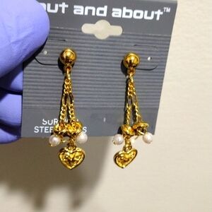 Women's Polished Gold-tone Beaded Post Drop Heart Charm Drop Dangle Earrings 2"